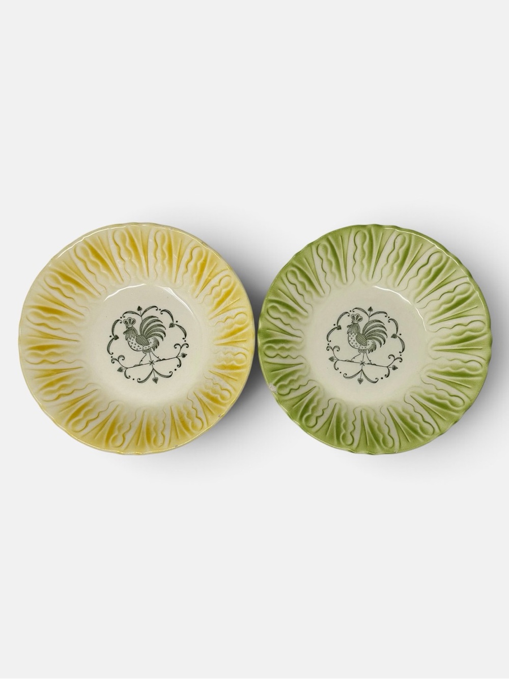 Scio Pottery Vintage 1950s Rooster Salad Dessert Plates Yellow Green Set of 2